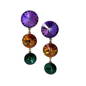 1990s Gold Plate Purple Orange Green Rivoli Rhinestone Dangle Pierced Earrings